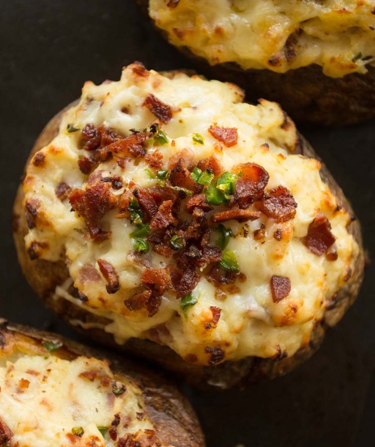 overhead shot of loaded potato fresh out the oven