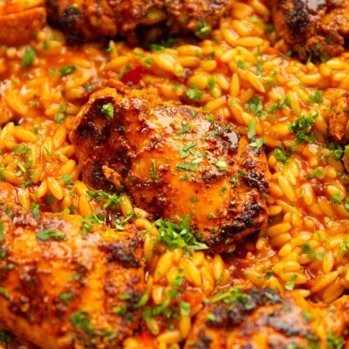 close up shot of spanish chicken orzo in pan garnished with parsley