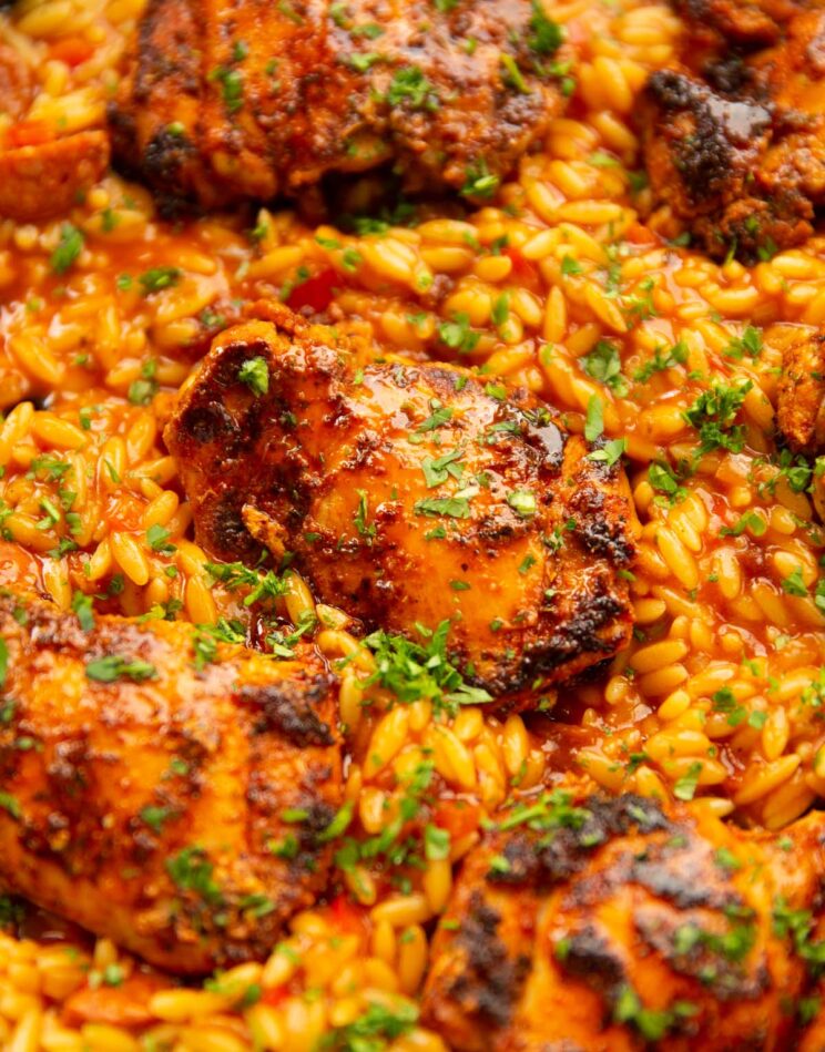 close up shot of spanish chicken orzo in pan garnished with parsley