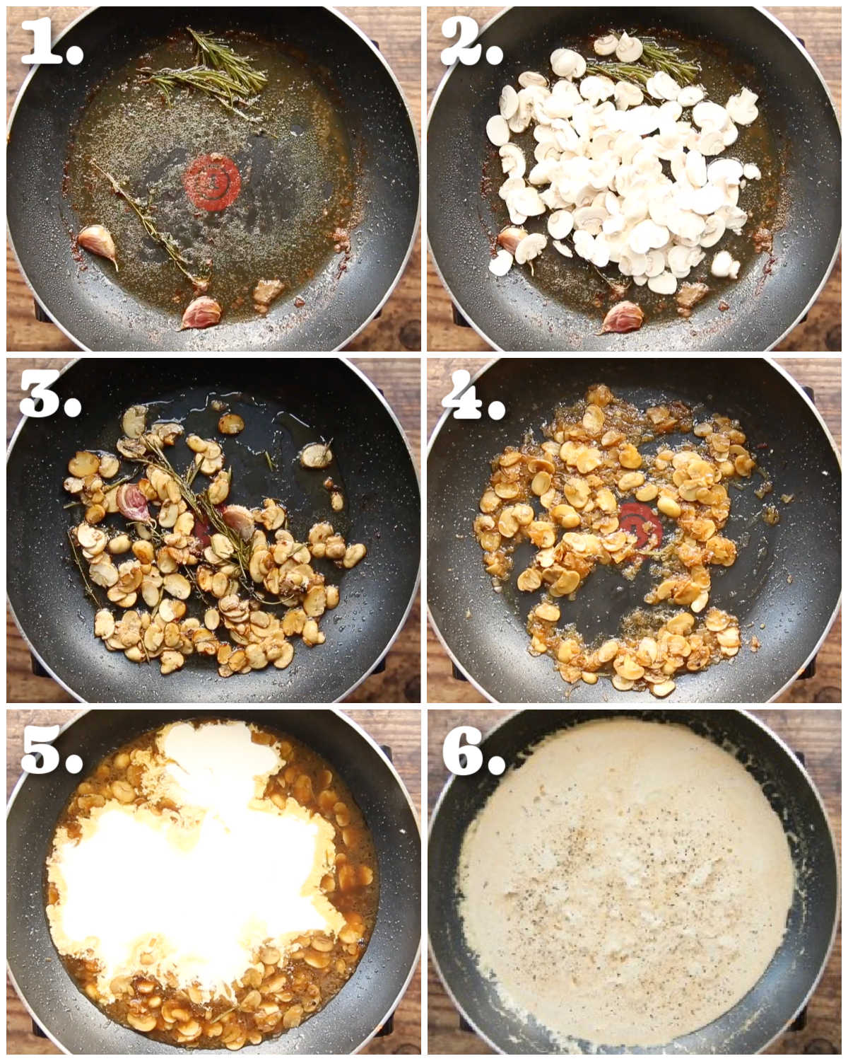 6 step by step photos showing how to make creamy mushroom sauce for steak