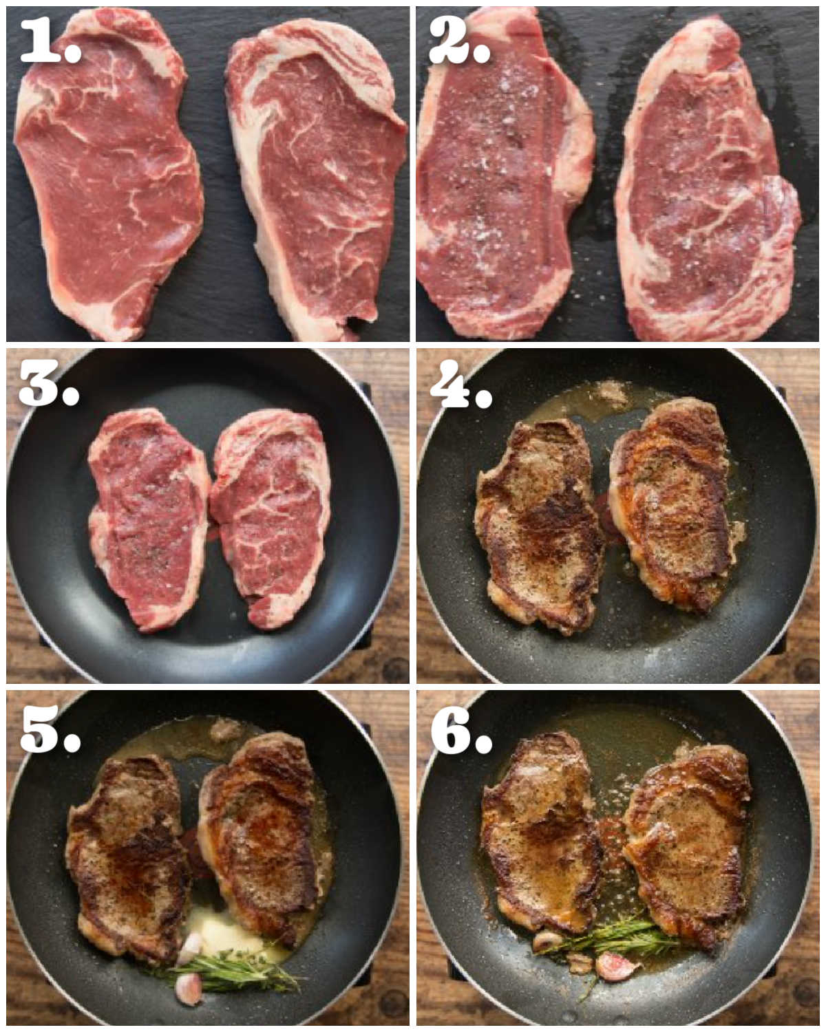 6 step by step photos showing how to make the perfect steak