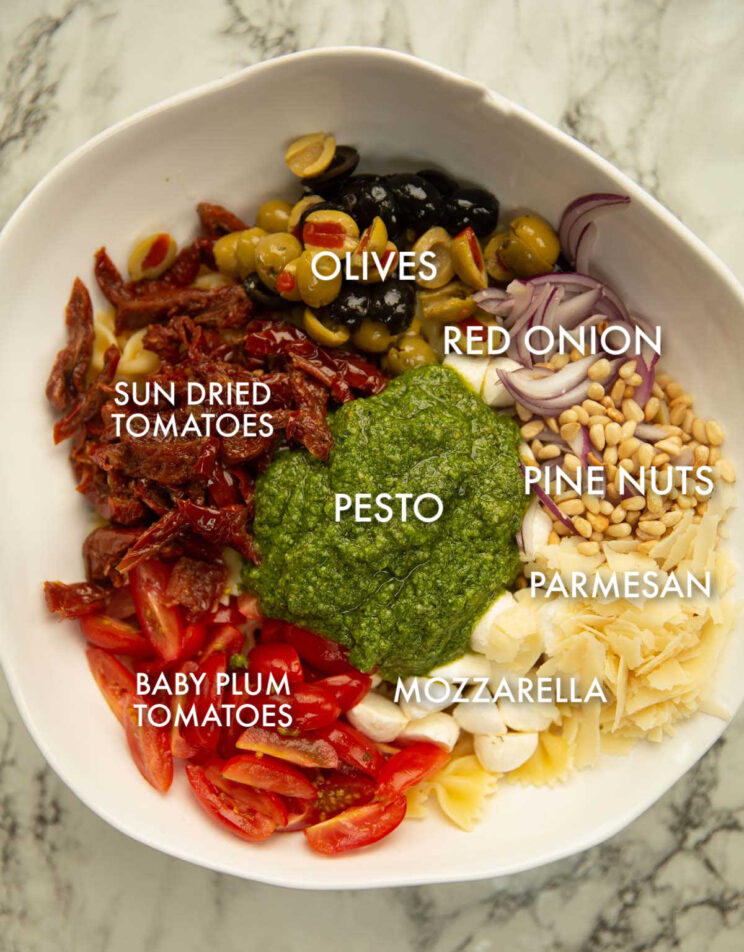 overhead shot of pesto pasta salad ingredients with text labels