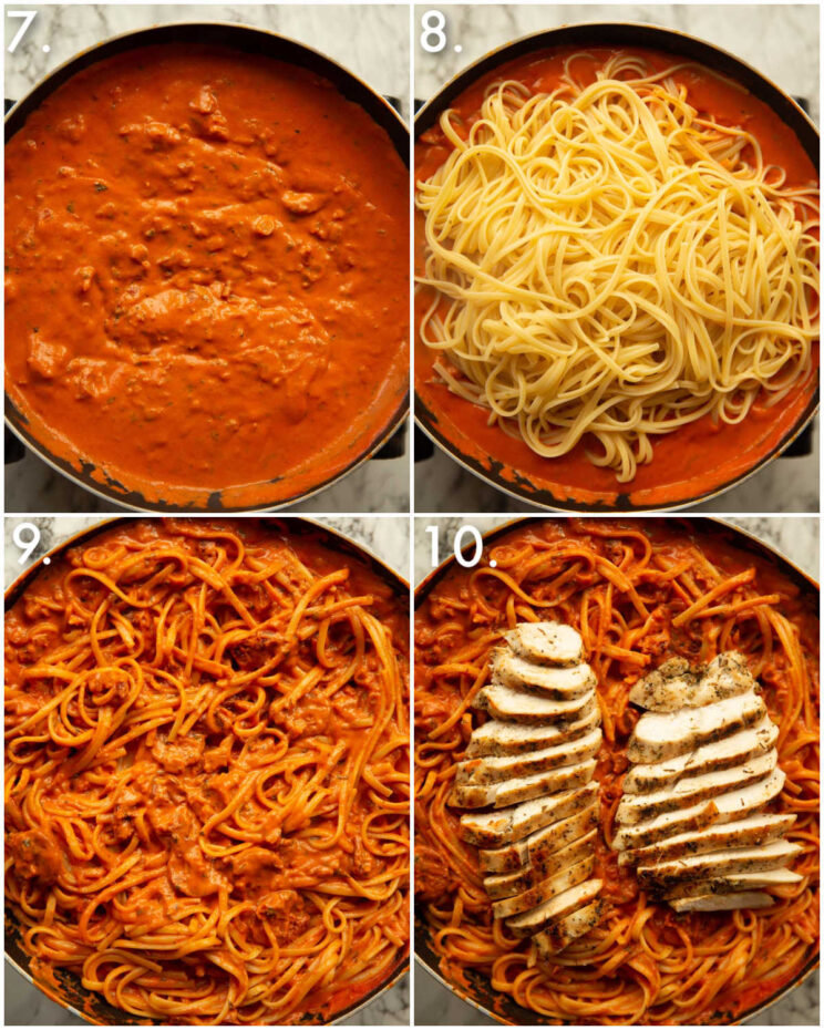 4 step by step photos showing how to make chicken chorizo pasta