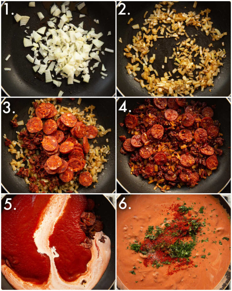 6 step by step photos showing how to make chorizo pasta sauce