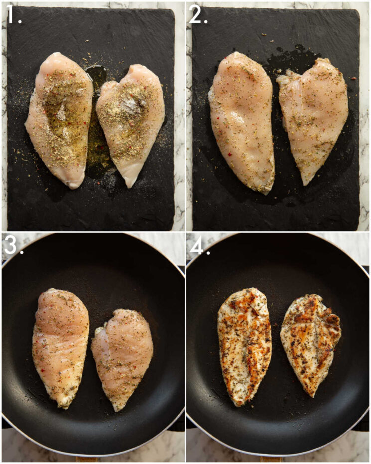 4 step by step photos showing how to pan fry Italian chicken