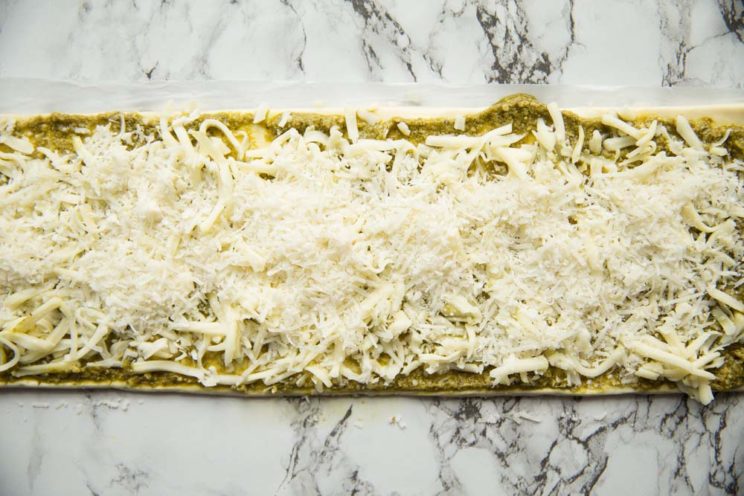overhead shot of pesto puff pastry pre oven