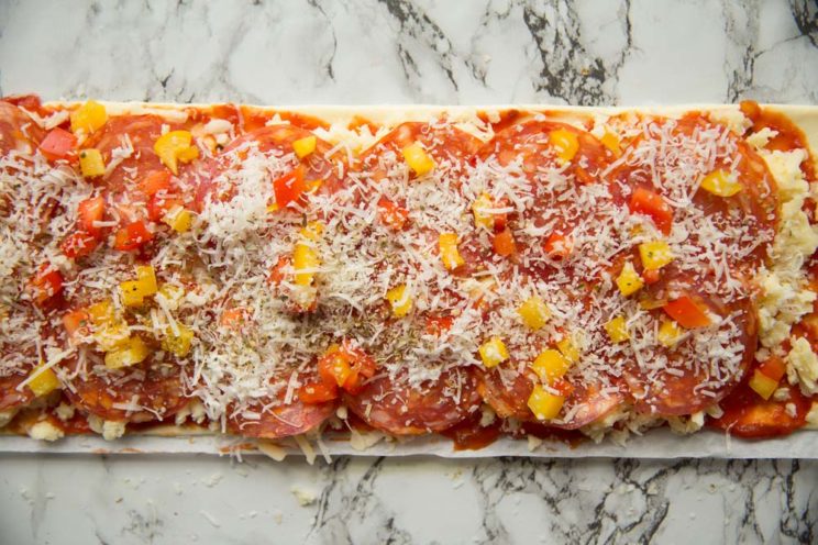 overhead shot of Pizza puff pastry pre oven