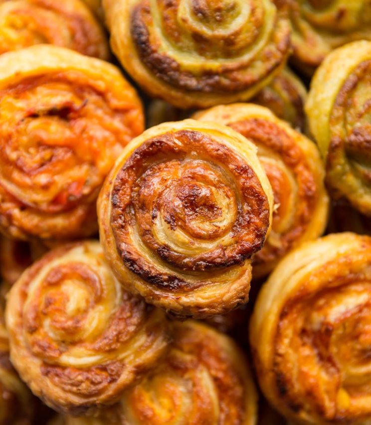 overhead shot of pinwheels stacked on each other with focus on one