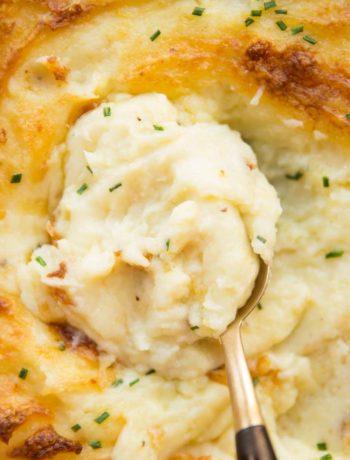 overhead shot of spoon scooping into mashed potato