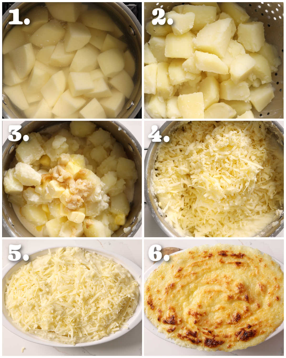 6 step by step photos showing how to make cheese garlic mashed potatoes