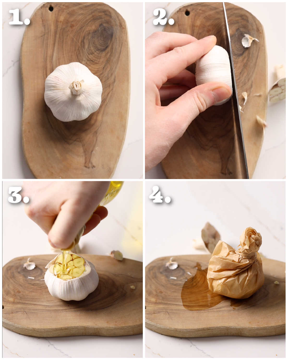 4 step by step photos showing how to roast garlic
