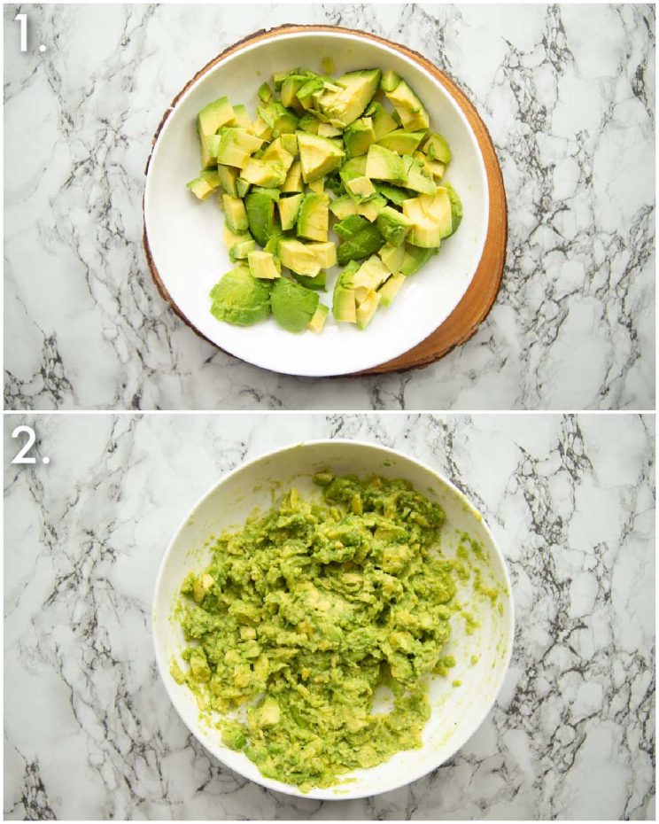 2 step by step photos showing how to smash avocado