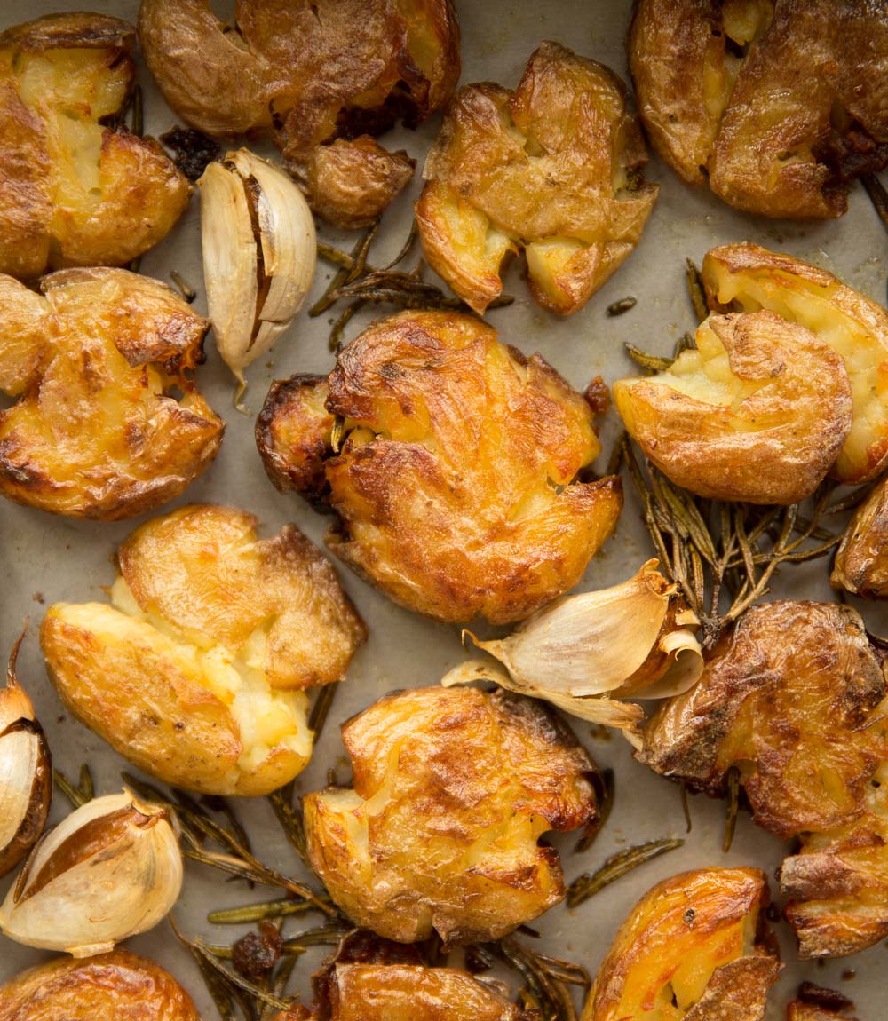 Bacon Fat Crispy Smashed Baby Potatoes - Simply Delicious