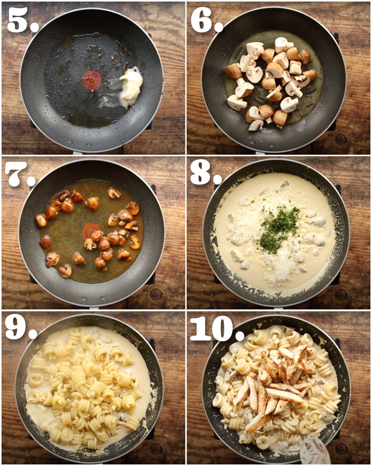 6 step by step photos showing how to make chicken and mushroom pasta