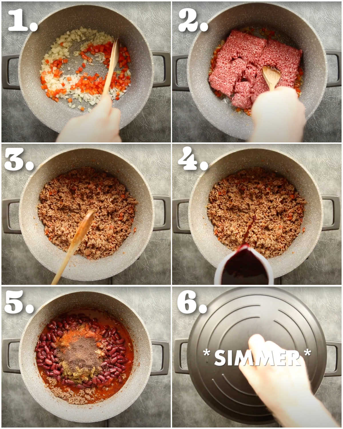 6 step by step photos showing how to make chilli con carne