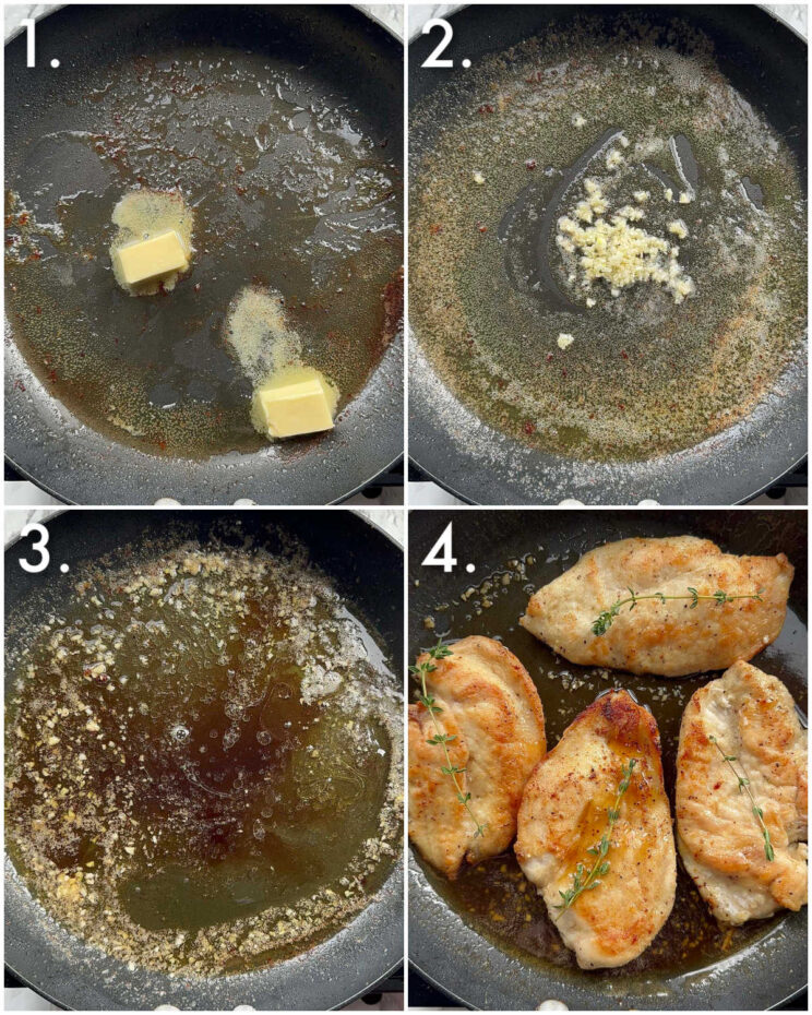 4 step by step photos showing how to make honey garlic chicken