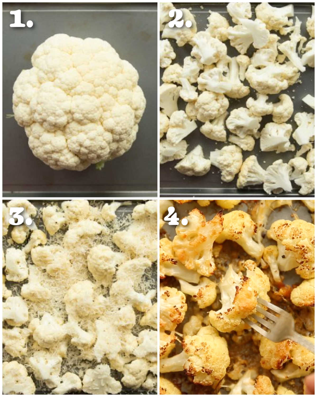4 step by step photos showing how to make parmesan cauliflower