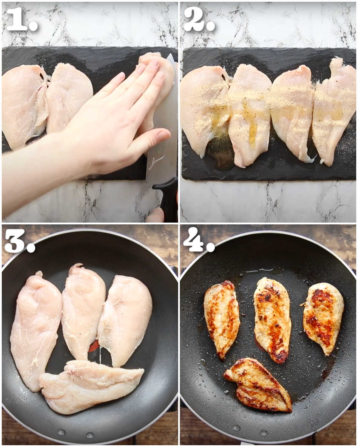 4 step by step photos showing how to pan fry chicken for pasta