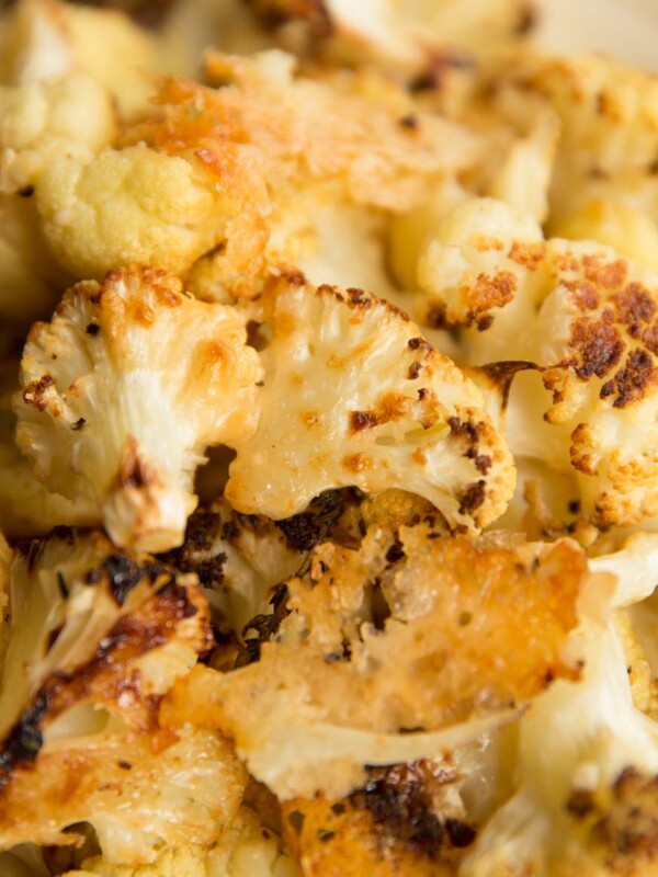closeup shot of cheesy cauliflower fresh out the oven