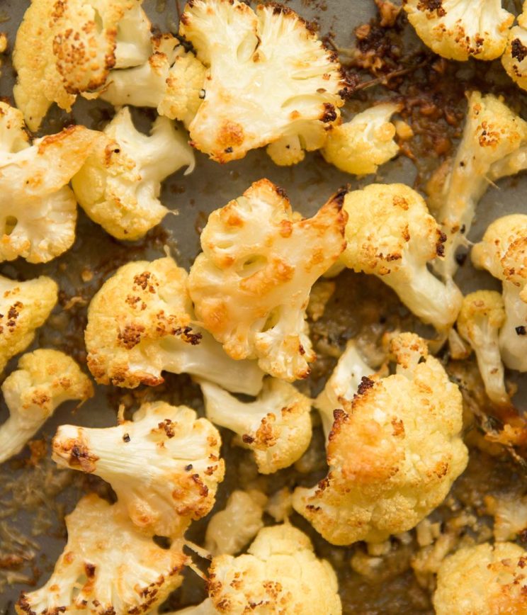 overhead shot of roasted cauliflower fresh out the oven