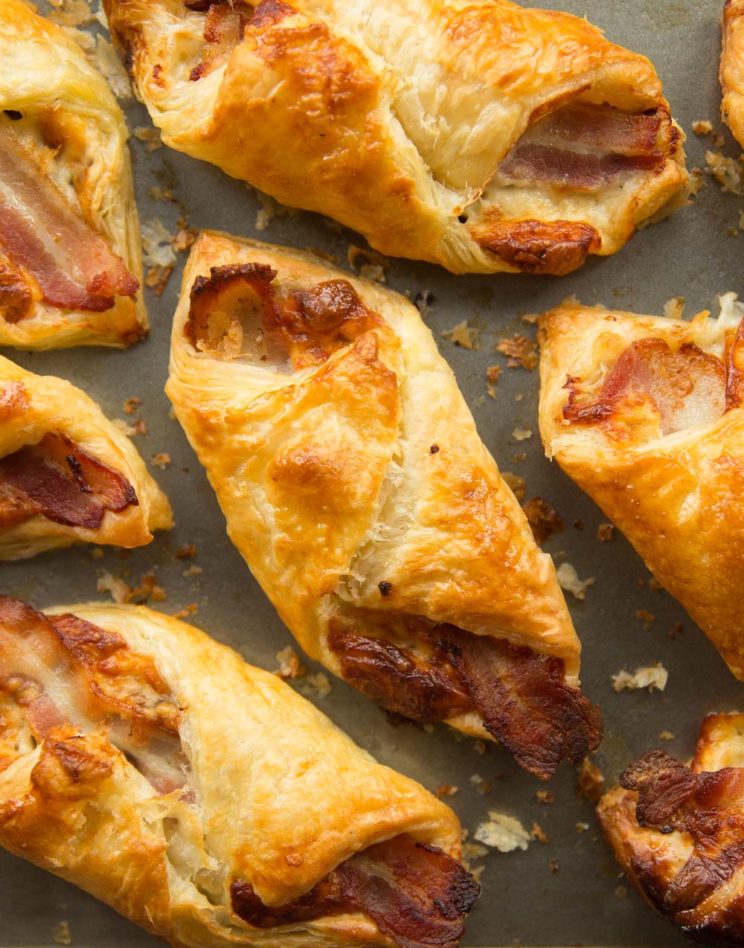 overhead shot over Cheese and Bacon Puff Pastry Rolls fresh out the oven