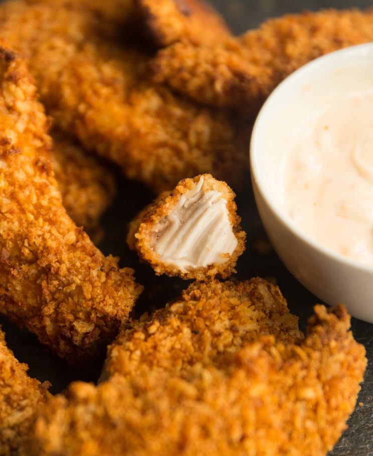 closeup on sliced chicken tender showing chicken inside