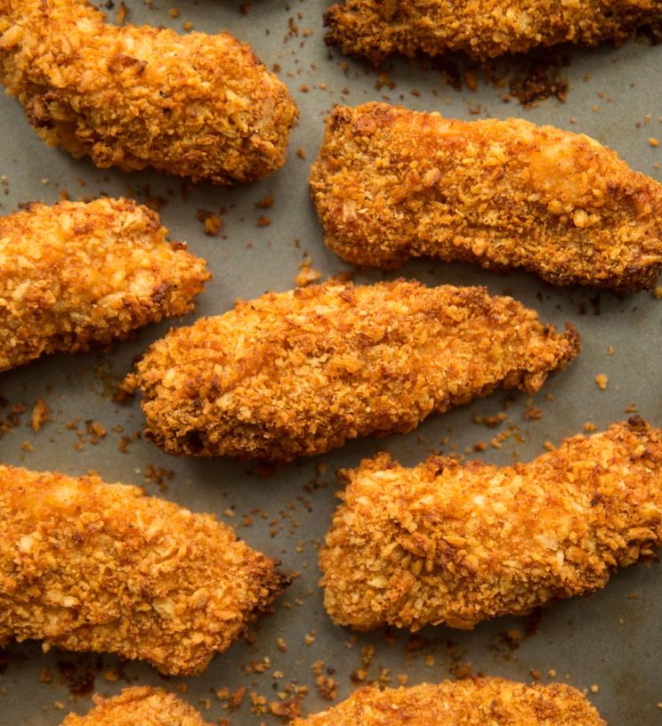 overhead shot of chicken tenders straight out the oven