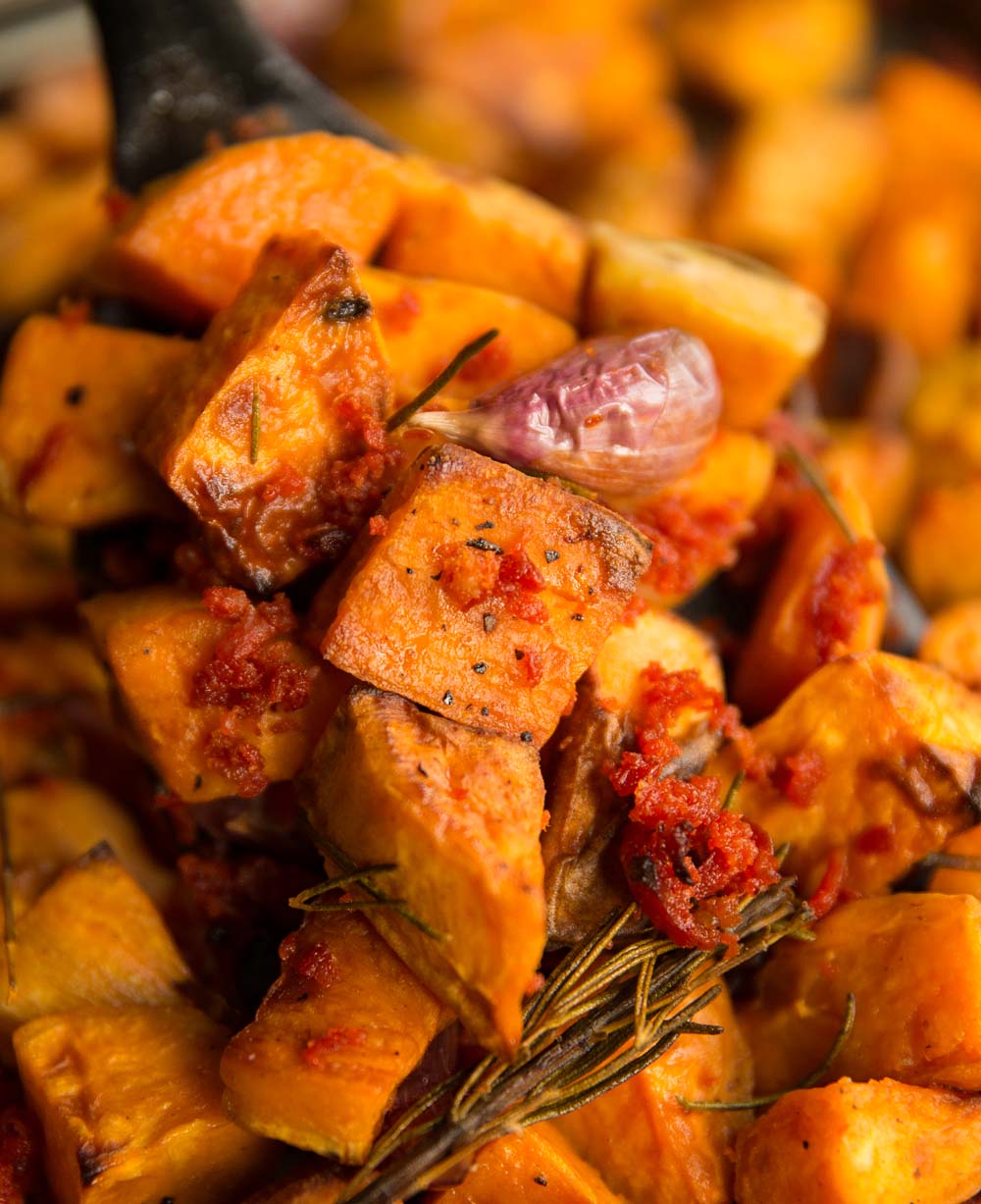 Garlic Rosemary Roasted Sweet Potatoes with Chorizo