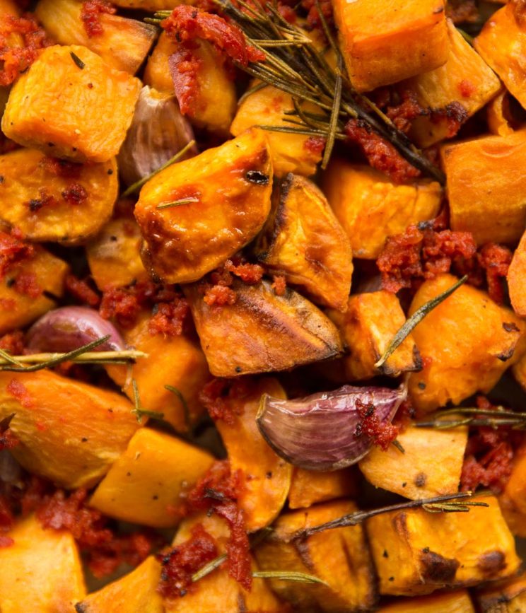 overhead shot of sweet potatoes fresh out the oven