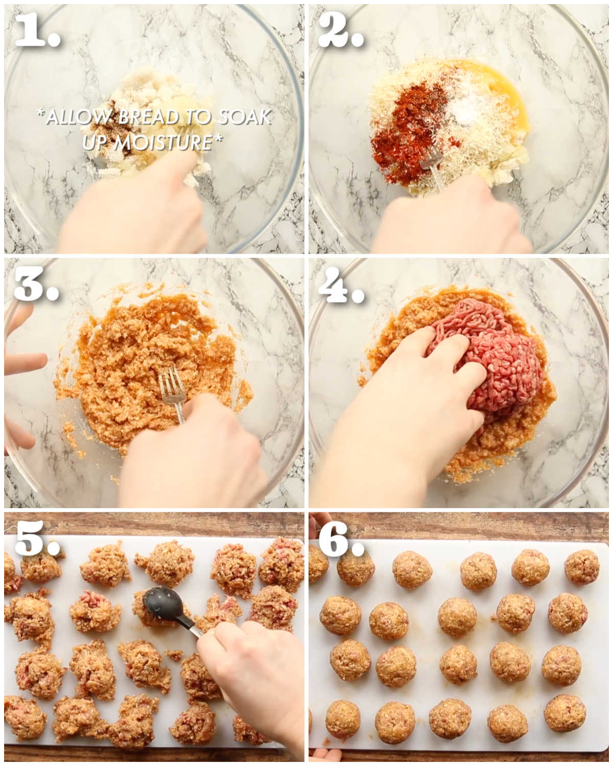 6 step by step photos showing how to prepare BBQ meatballs