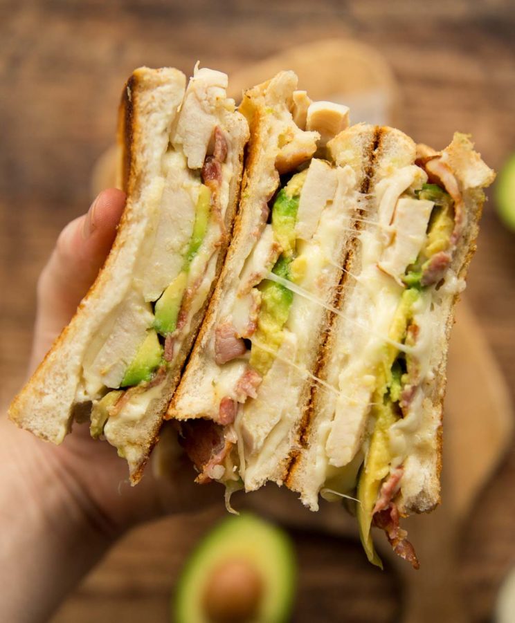 overhead shot of open grilled cheese showing filling