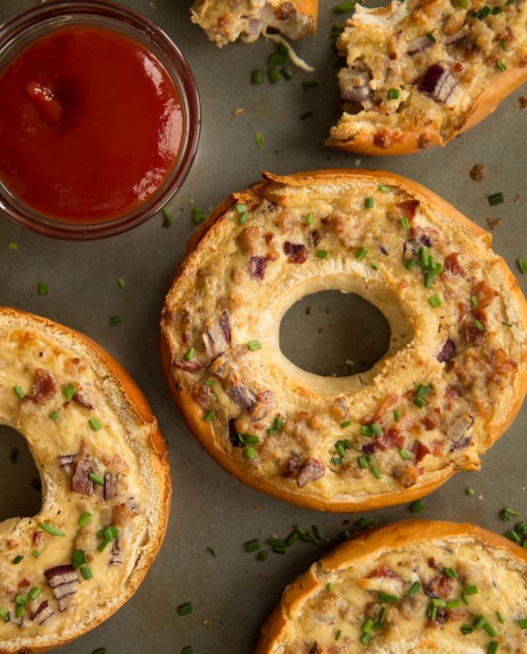 overhead shot of bagels with pot of ketchup