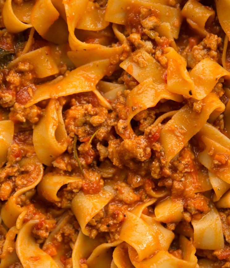 overhead shot of sausage ragu in skillet