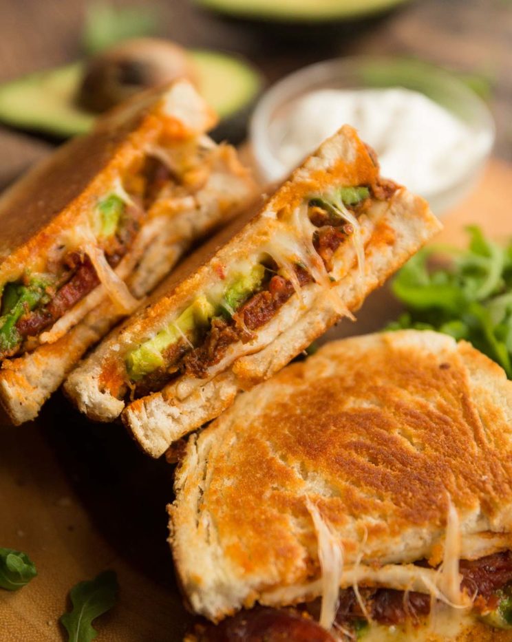 closeup on halloumi grilled cheese filling
