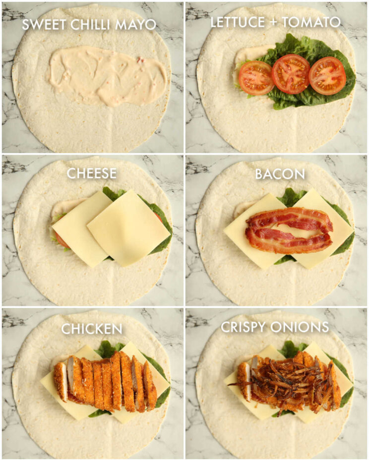 6 step by step photos showing how to make crispy chicken wraps