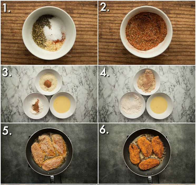 6 step by step photos showing How to shallow fry chicken for crispy chicken wraps