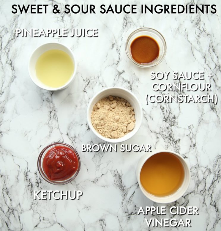 overhead shot of labelled Sweet and Sour Sauce Ingredients