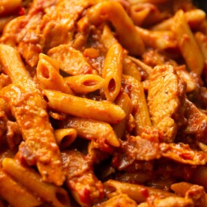 closeup shot of pasta in skillet