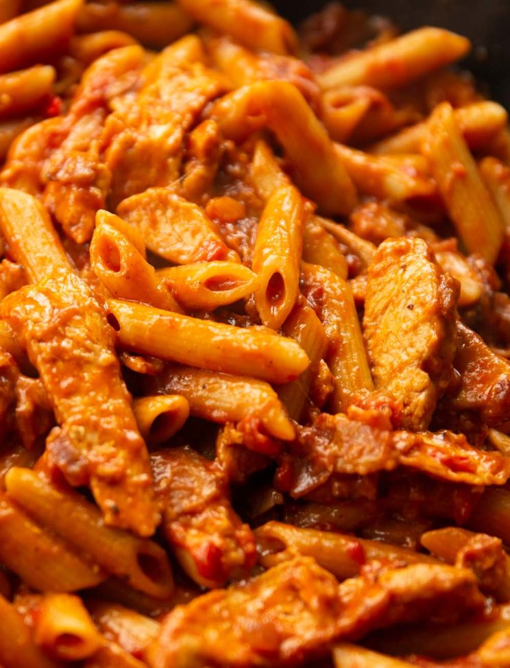 closeup shot of pasta in skillet