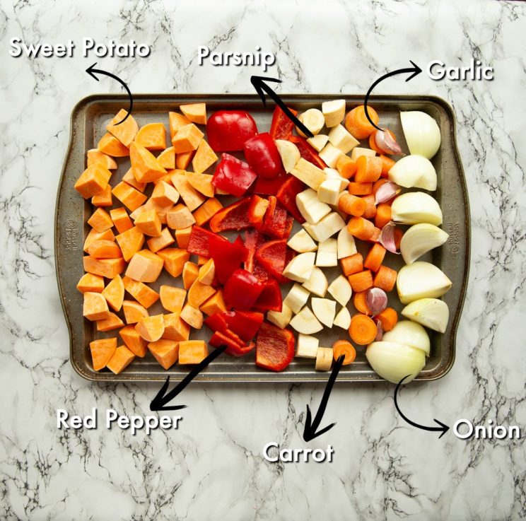vegetables on tray ready to roast with labels