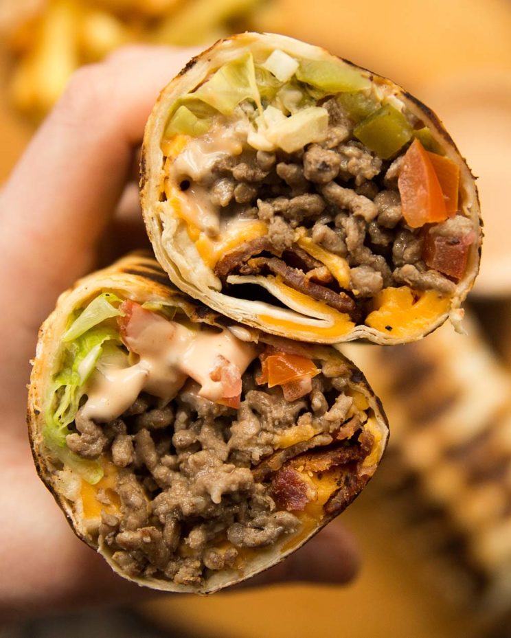 overhead shot of burrito fillings close up