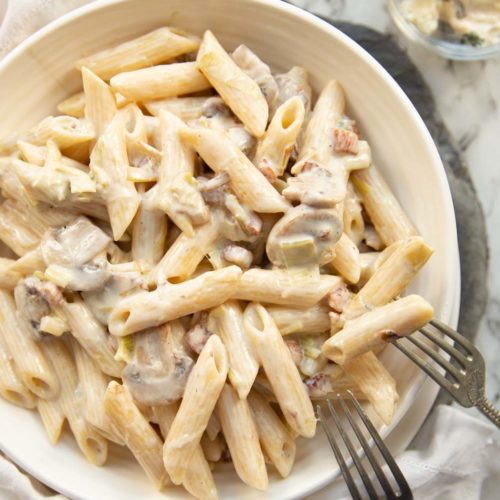 Gorgonzola Pasta with Leek, Pancetta & Mushrooms