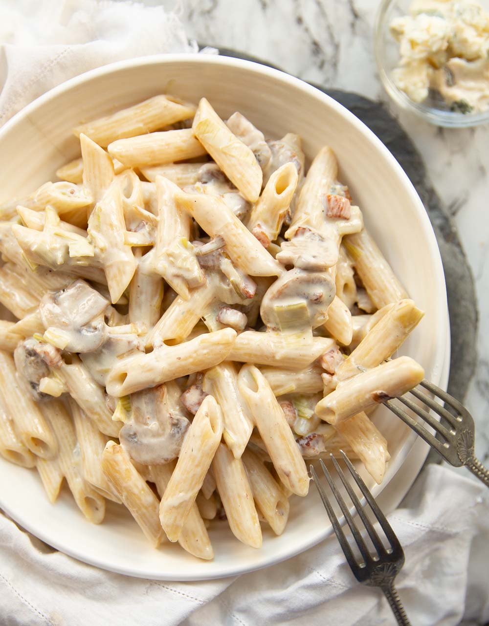 Gorgonzola Pasta with Leek, Pancetta & Mushrooms