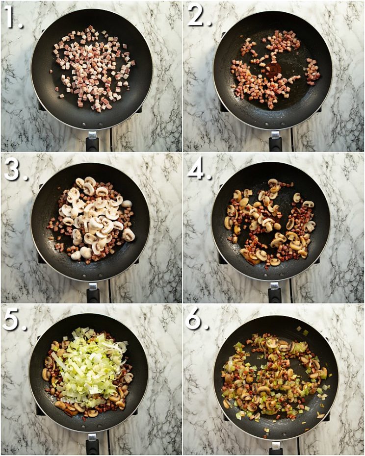 How to pan fry leek, pancetta and mushrooms - 6 step by step photos