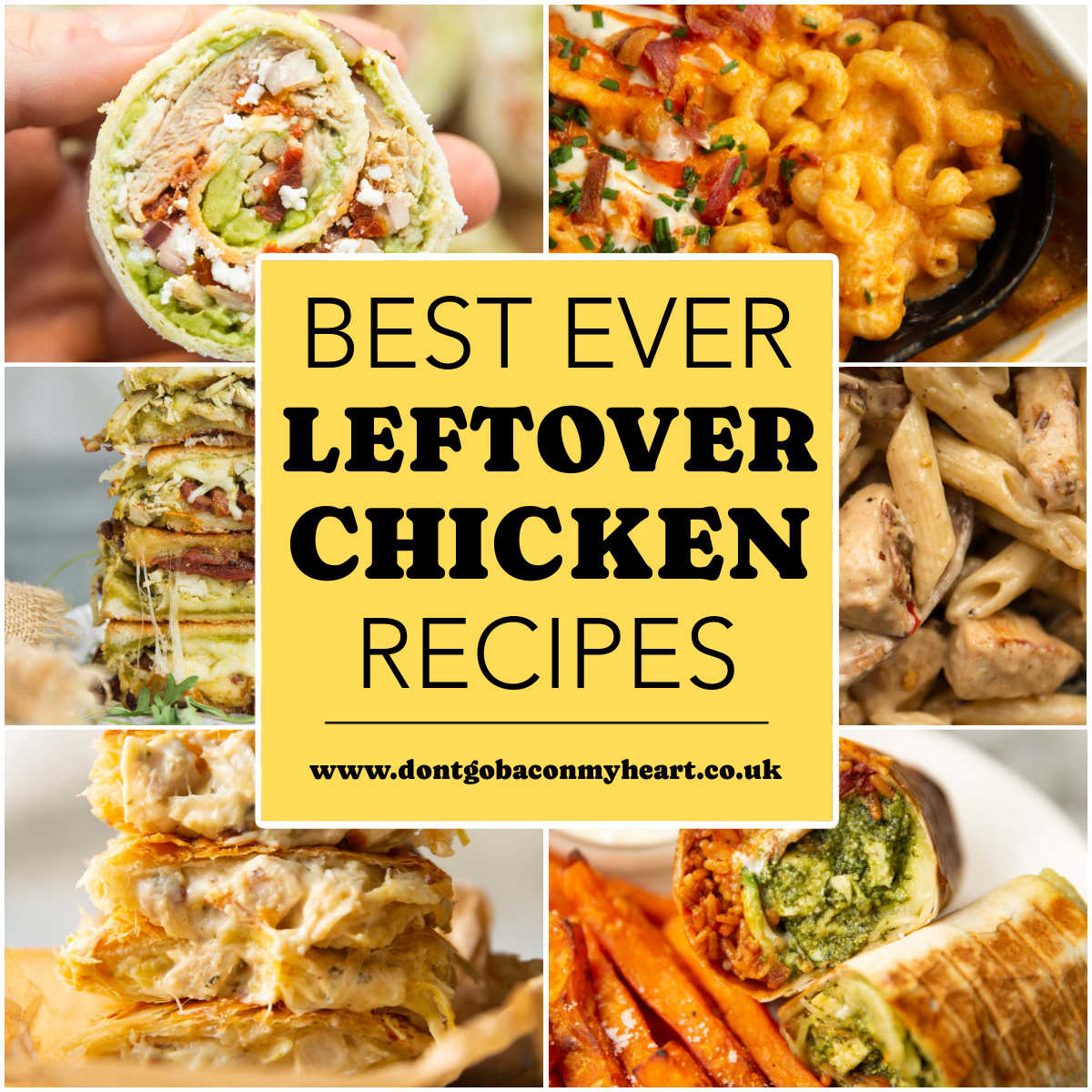 leftover chicken recipes thumbnail collage with text overlay
