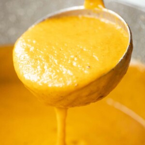 closeup shot of scoop of soup dripping out of ladle