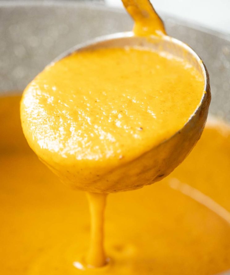 closeup shot of scoop of soup dripping out of ladle
