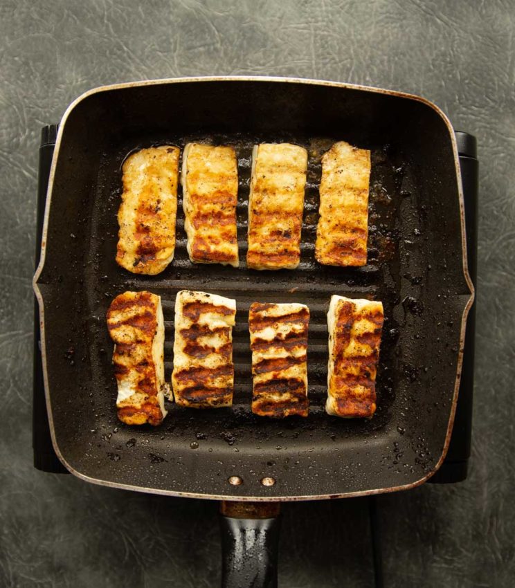 overhead shot of halloumi on griddle pan