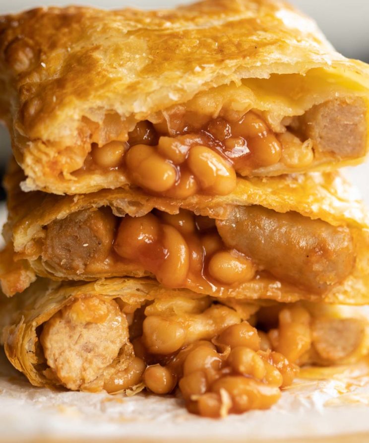 closeup shot of beans spilling out of stacked slices