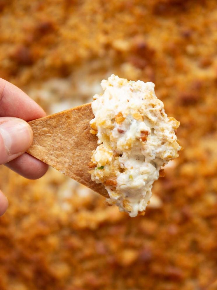 overhead closeup shot of dip of tortilla chip above baking dish